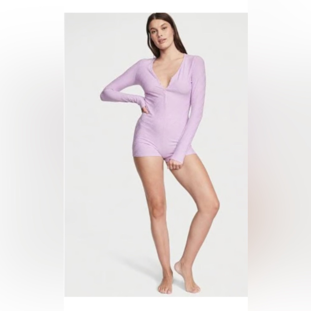 Victoria's Secret Purple Long Sleeve Button Front Terrot Cotton Romper Logo
